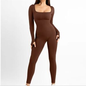 Popilush | Long Sleeve Ribbed Tummy Control Jumpsuit